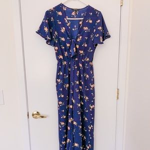 Forever21 Navy Blue and Floral Front Tie Jumpsuit